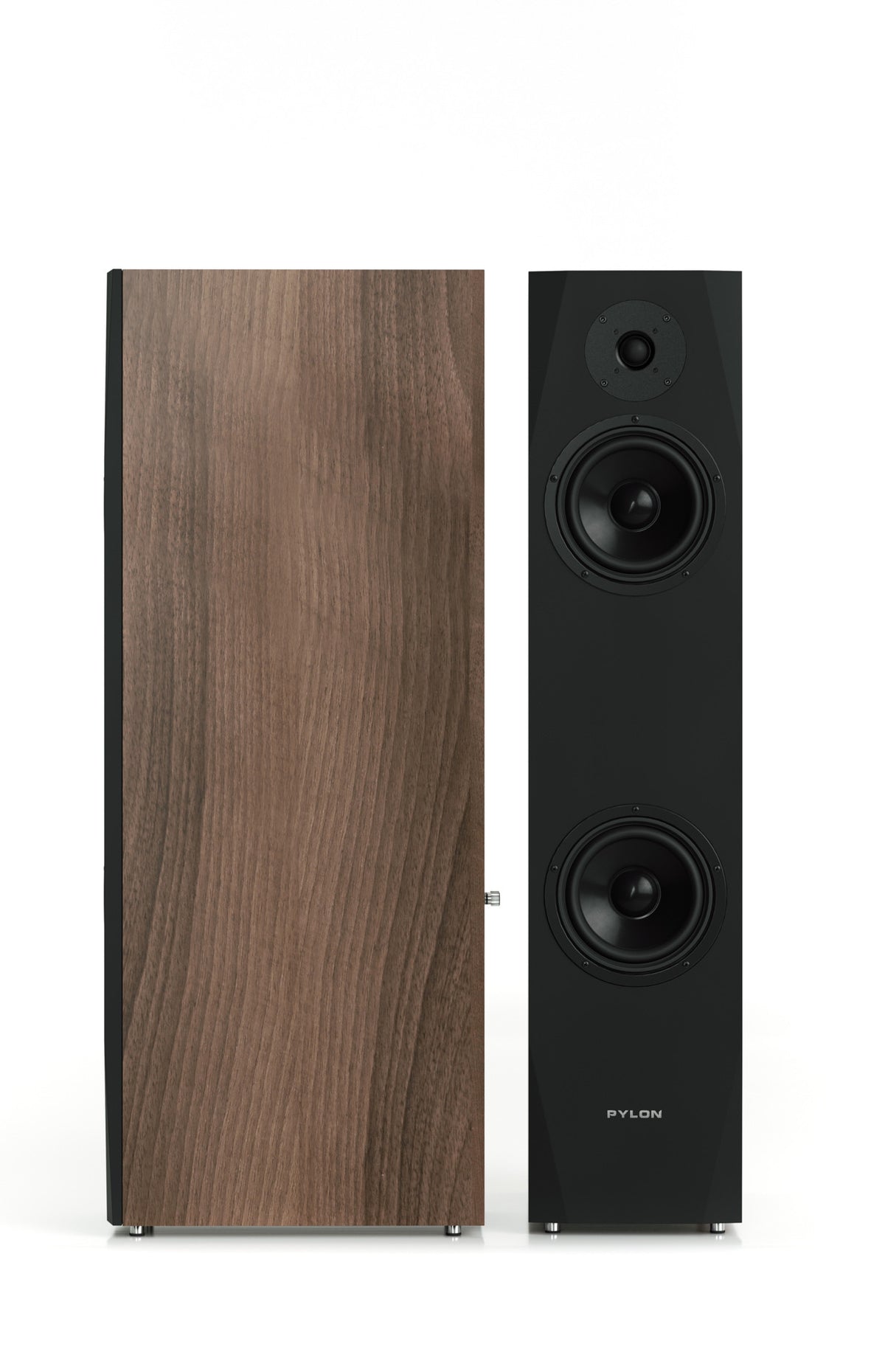 Walnut tower speaker cabinet with two woofers and a top tweeter, front view