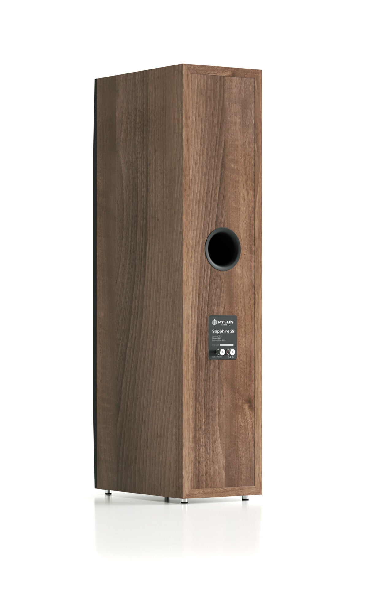 Walnut wood bookshelf speaker with circular bass port and control panel on front.