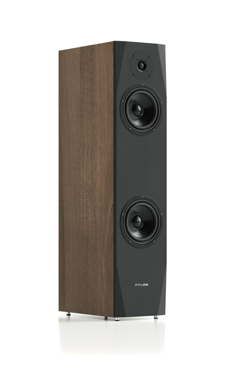 Walnut side and dark front bookshelf speaker with two circular drivers facing forward.