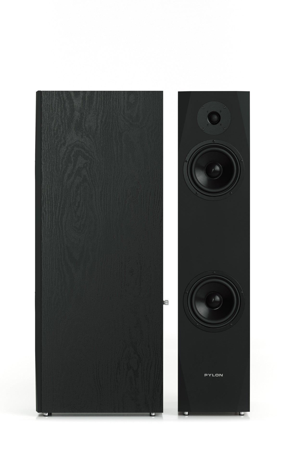 Two bookshelf speakers side by side: dark wood left, black right with two drivers.