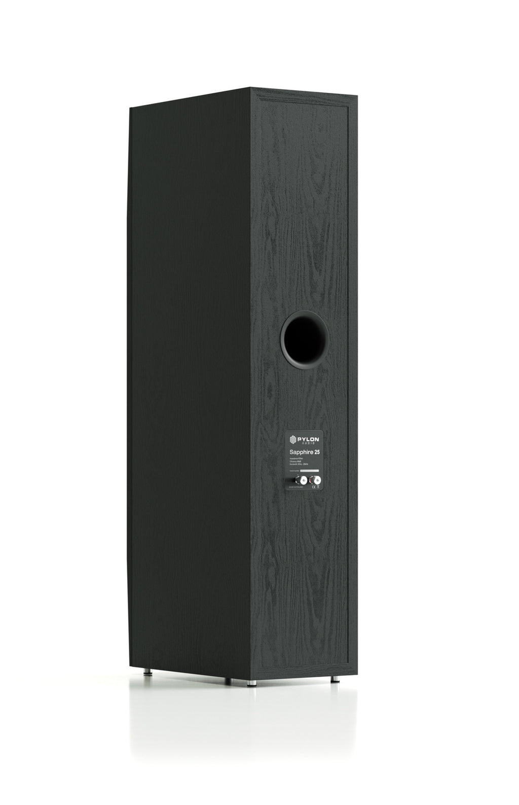 Dark wood bookshelf speaker cabinet with circular bass port and small control panel.