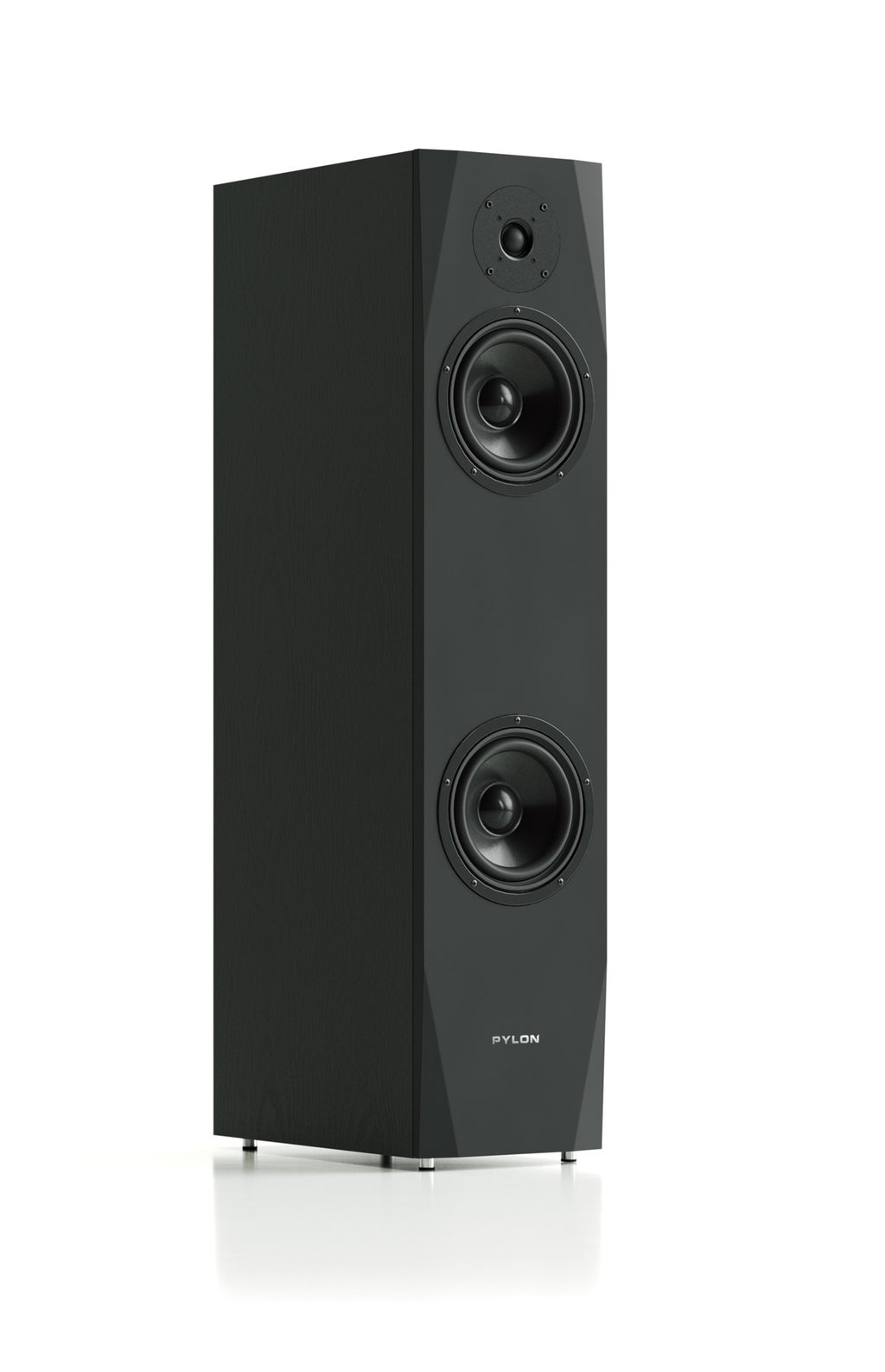 Black bookshelf speaker with two circular drivers and smooth front baffle.