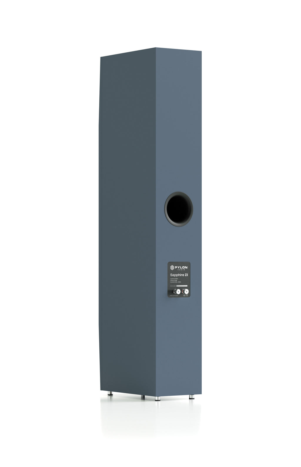 Dark gray floorstanding speaker side view with front driver cutout and control panel