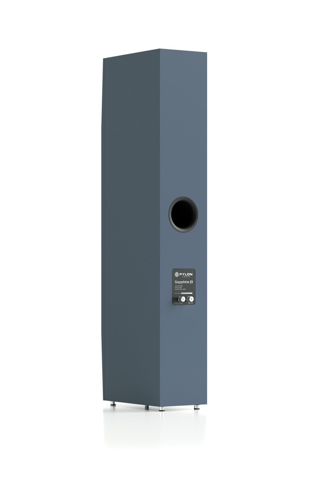 Dark gray floorstanding speaker side view with front driver cutout and control panel