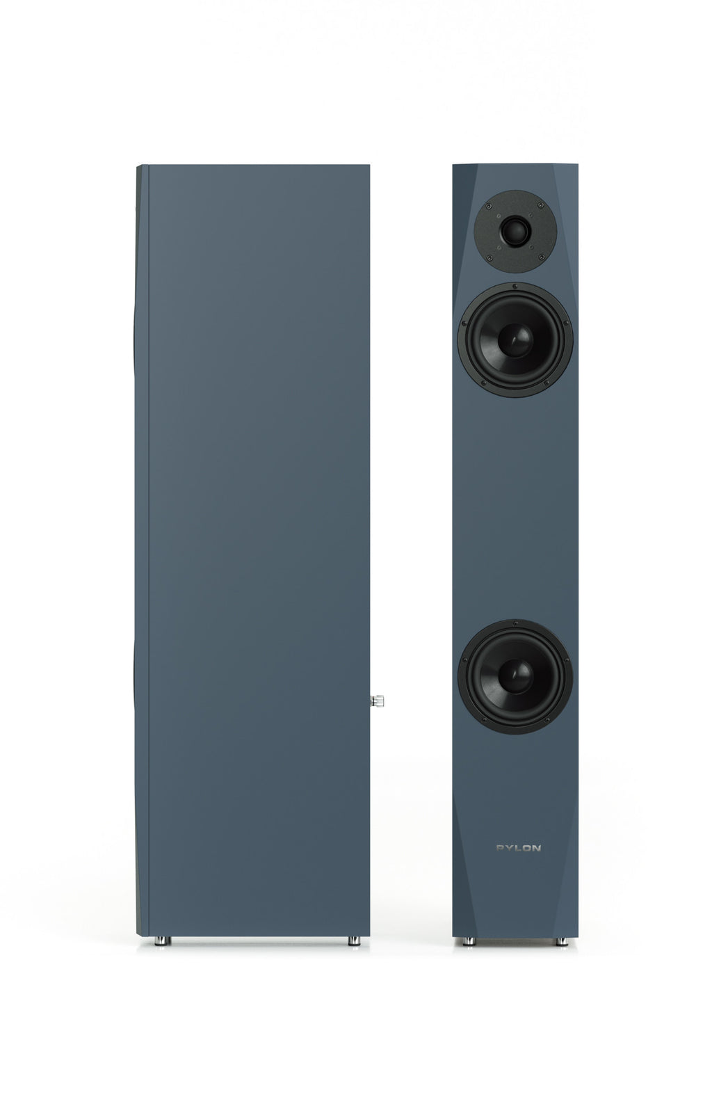 Dark gray floorstanding speaker with three front drivers and circular woofer grilles