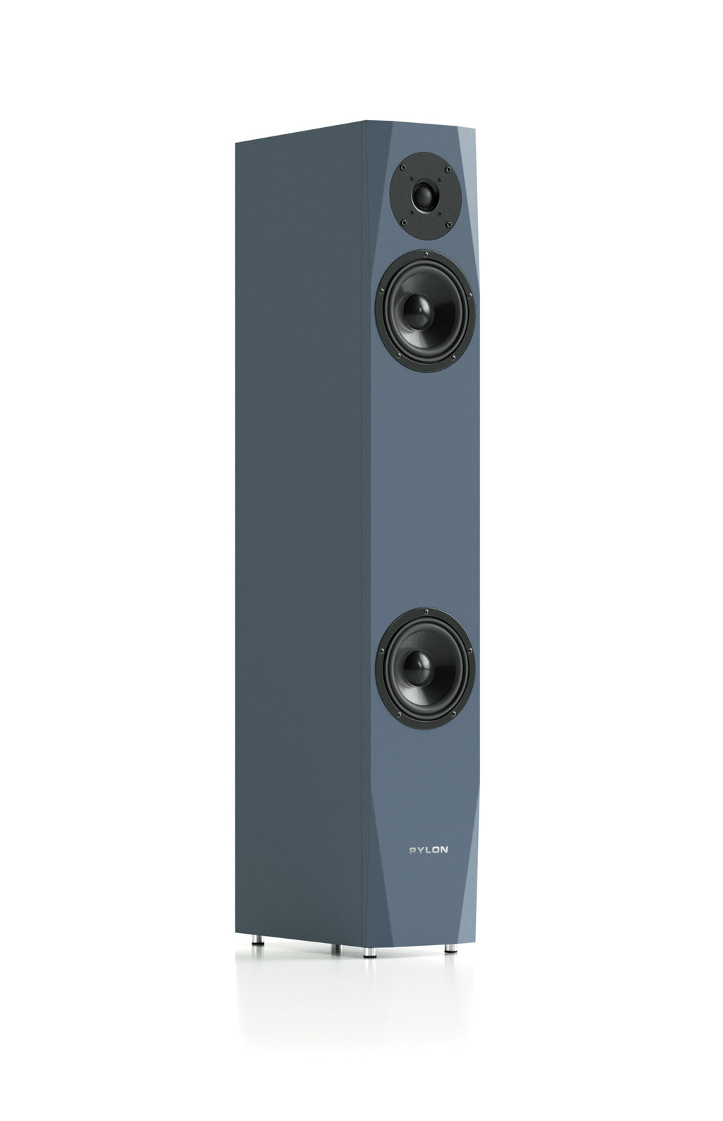 Dark gray floorstanding speaker angled view with three front drivers