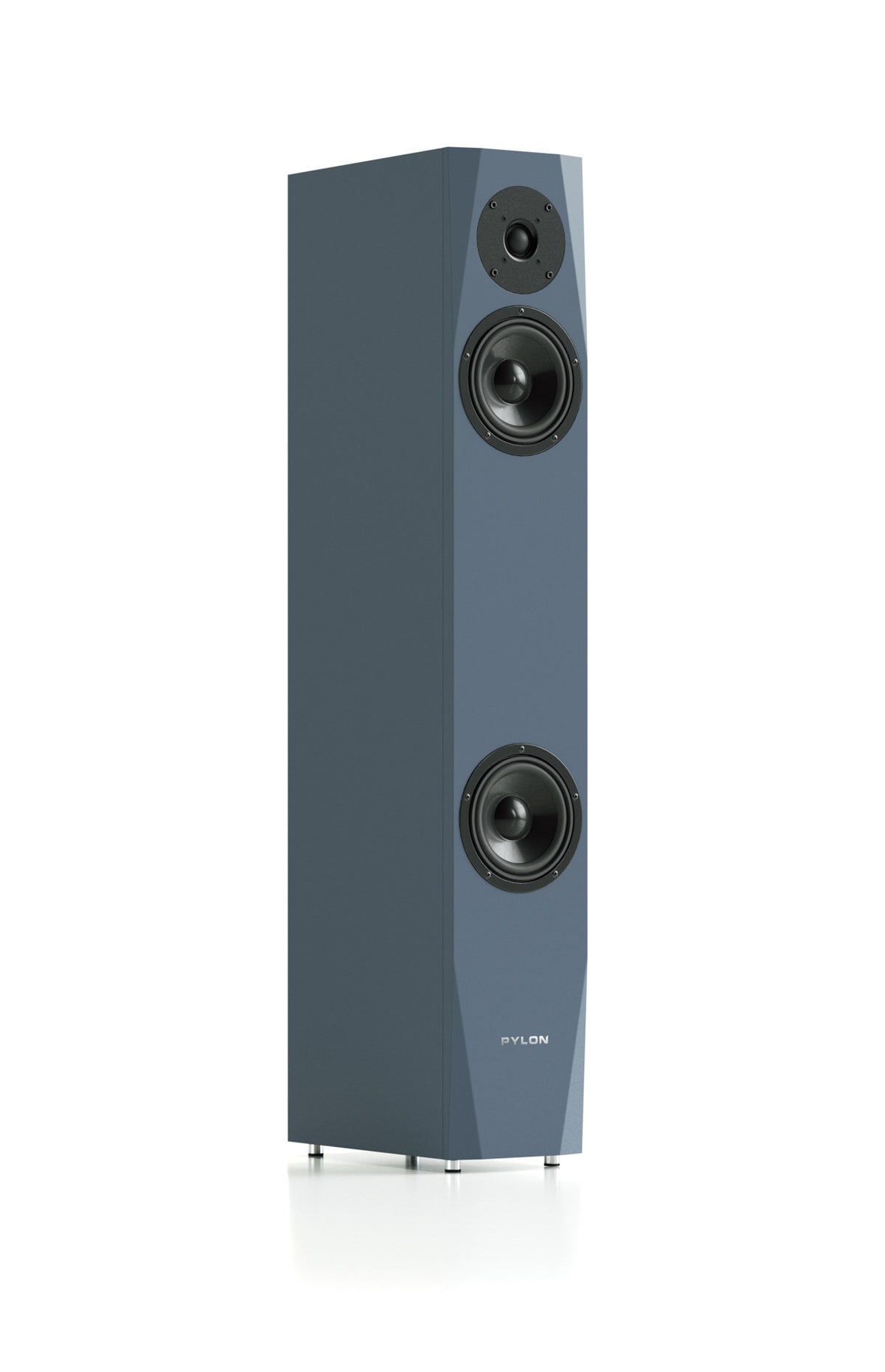 Dark gray floorstanding speaker angled view with three front drivers