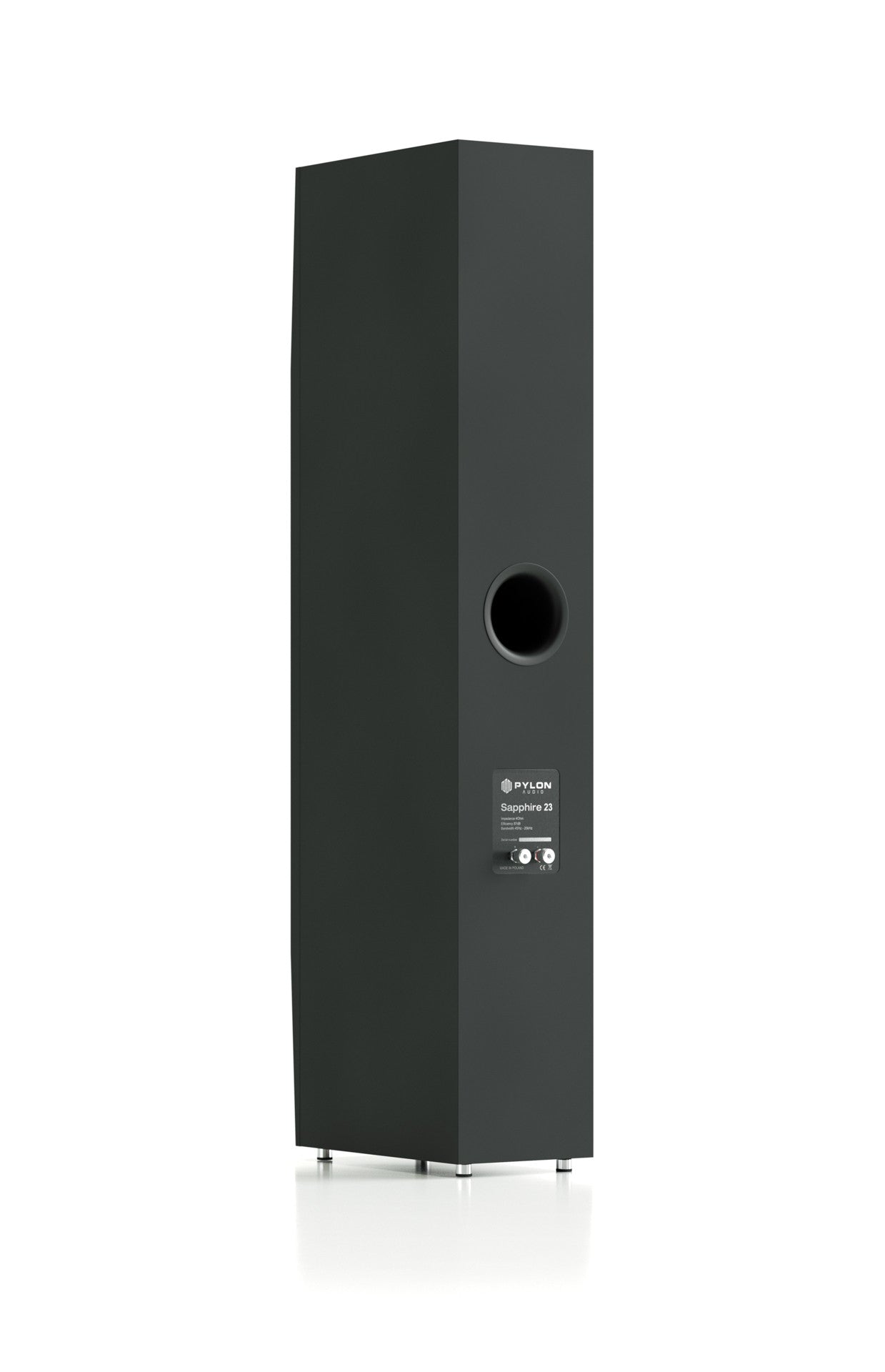 Black floorstanding speaker side view with round port opening and rear label panel