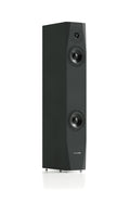 Black floorstanding speaker angled view with three front drivers