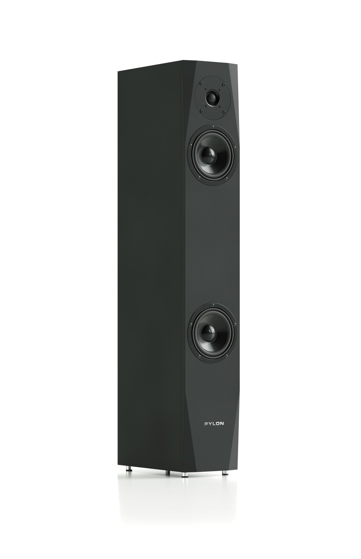 Black floorstanding speaker angled view with three front drivers