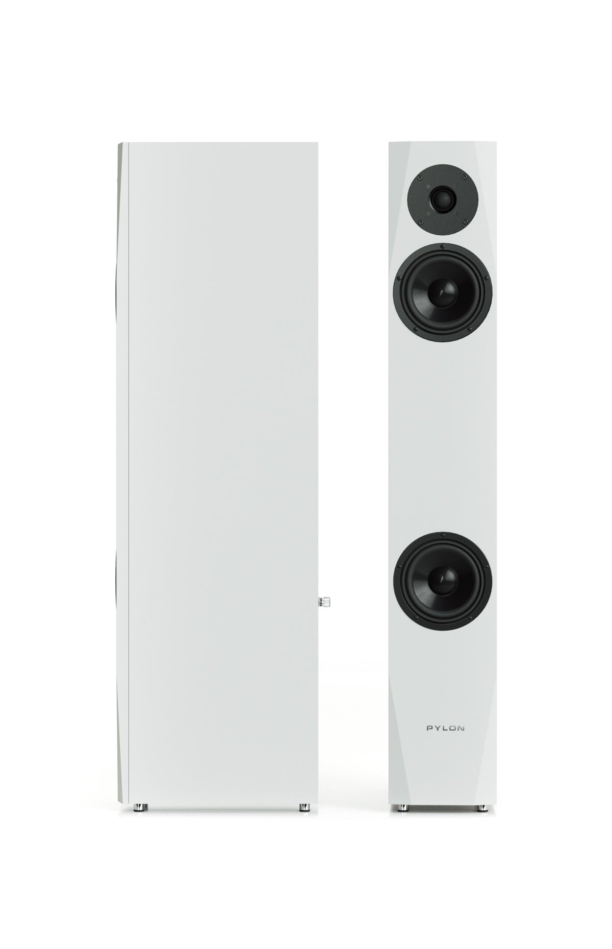 White floorstanding speaker with three front drivers and circular woofer grilles