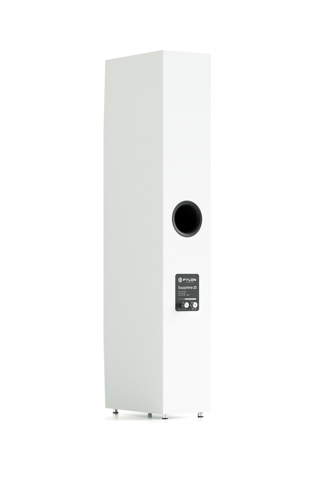 White floorstanding speaker side view with round port opening and control label