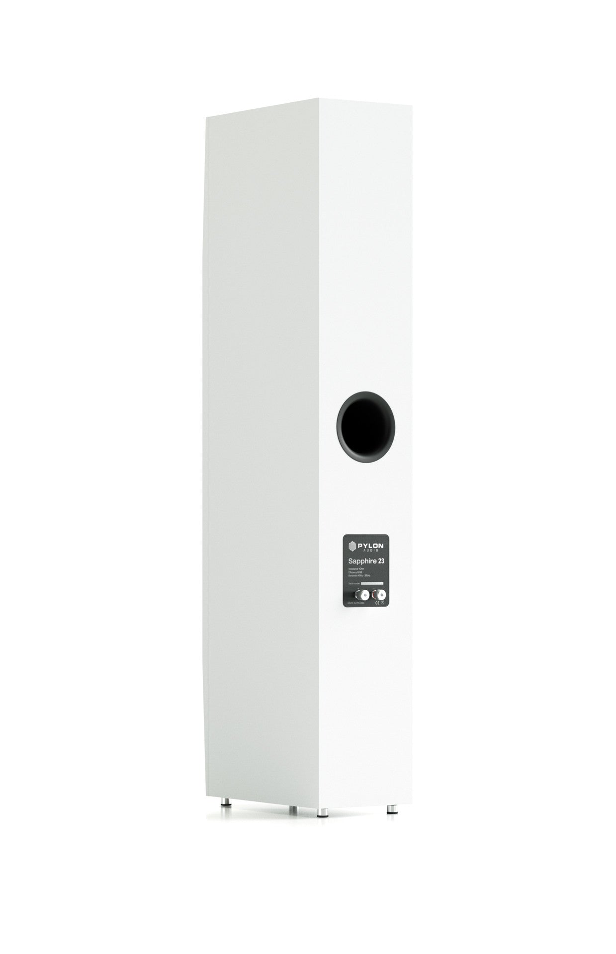 White floorstanding speaker side view with round port opening and control label