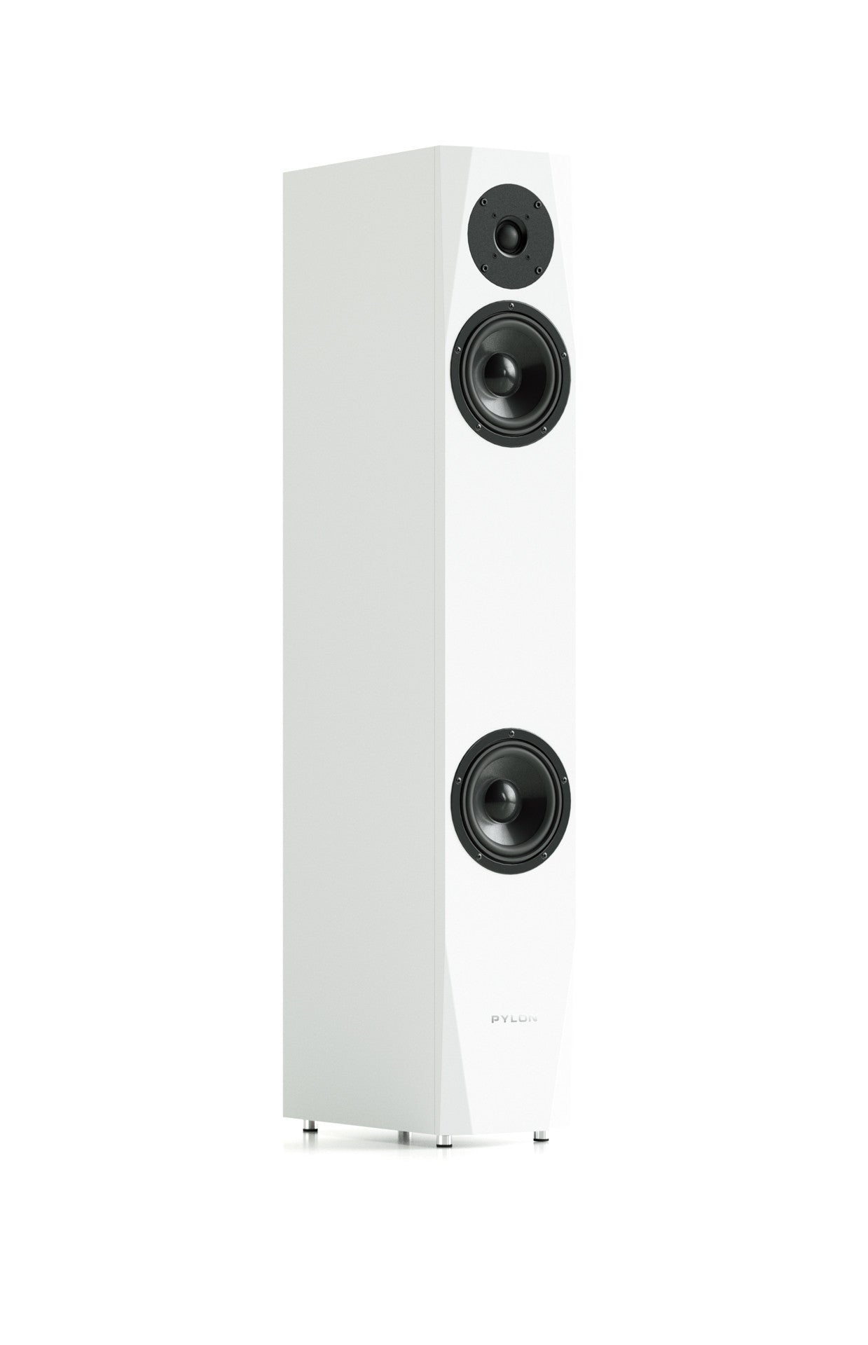 White floorstanding speaker angled view with three front drivers