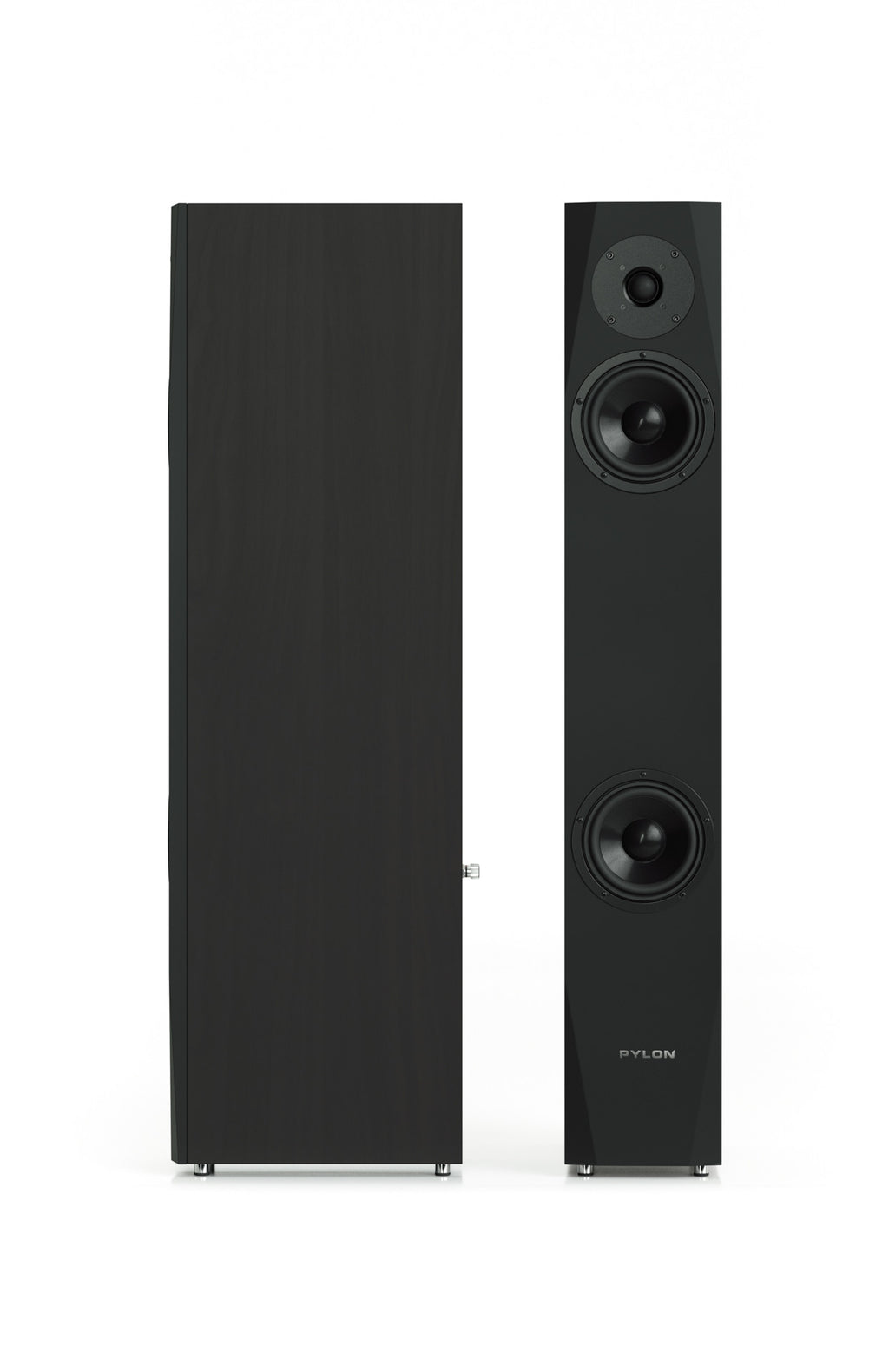 Black floorstanding speaker paired front view with three drivers on each unit