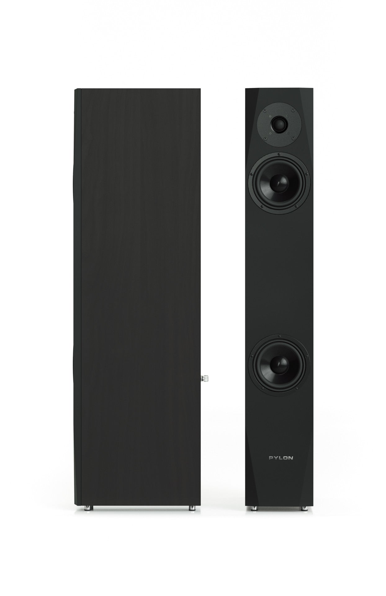Black floorstanding speaker paired front view with three drivers on each unit