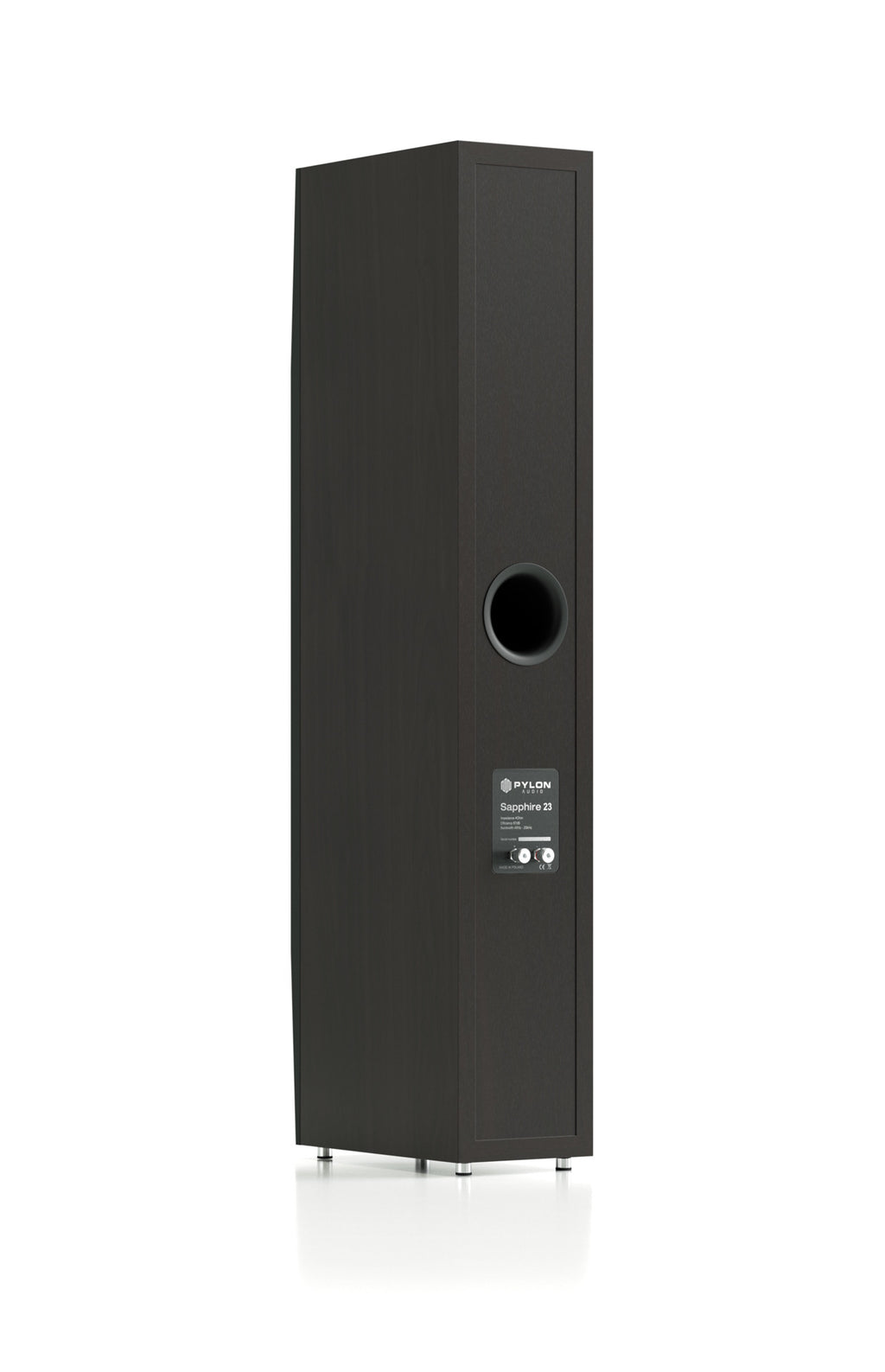 Black floorstanding speaker side view with round port opening and control panel