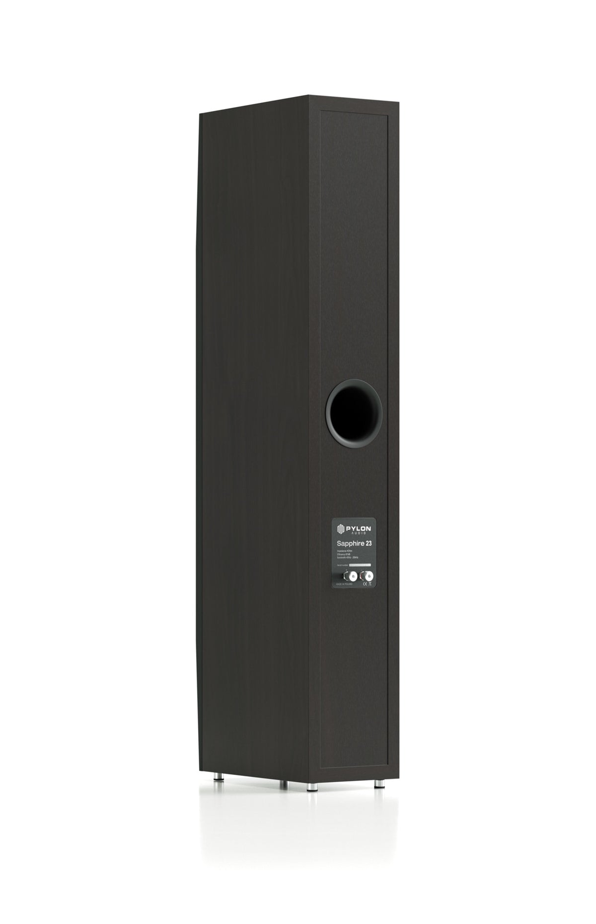 Black floorstanding speaker side view with round port opening and control panel