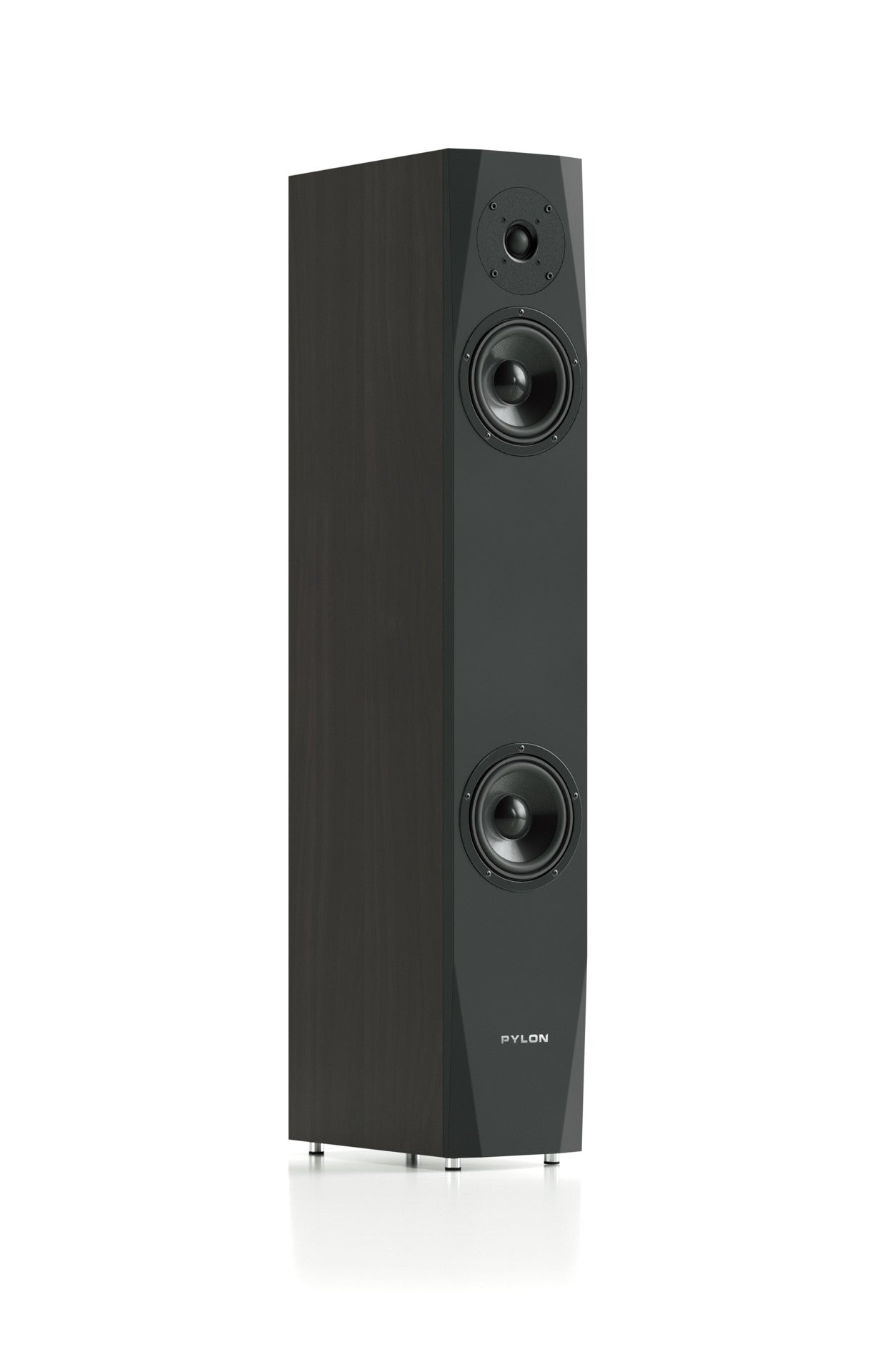 Black floor-standing speaker with two woofers and one tweeter