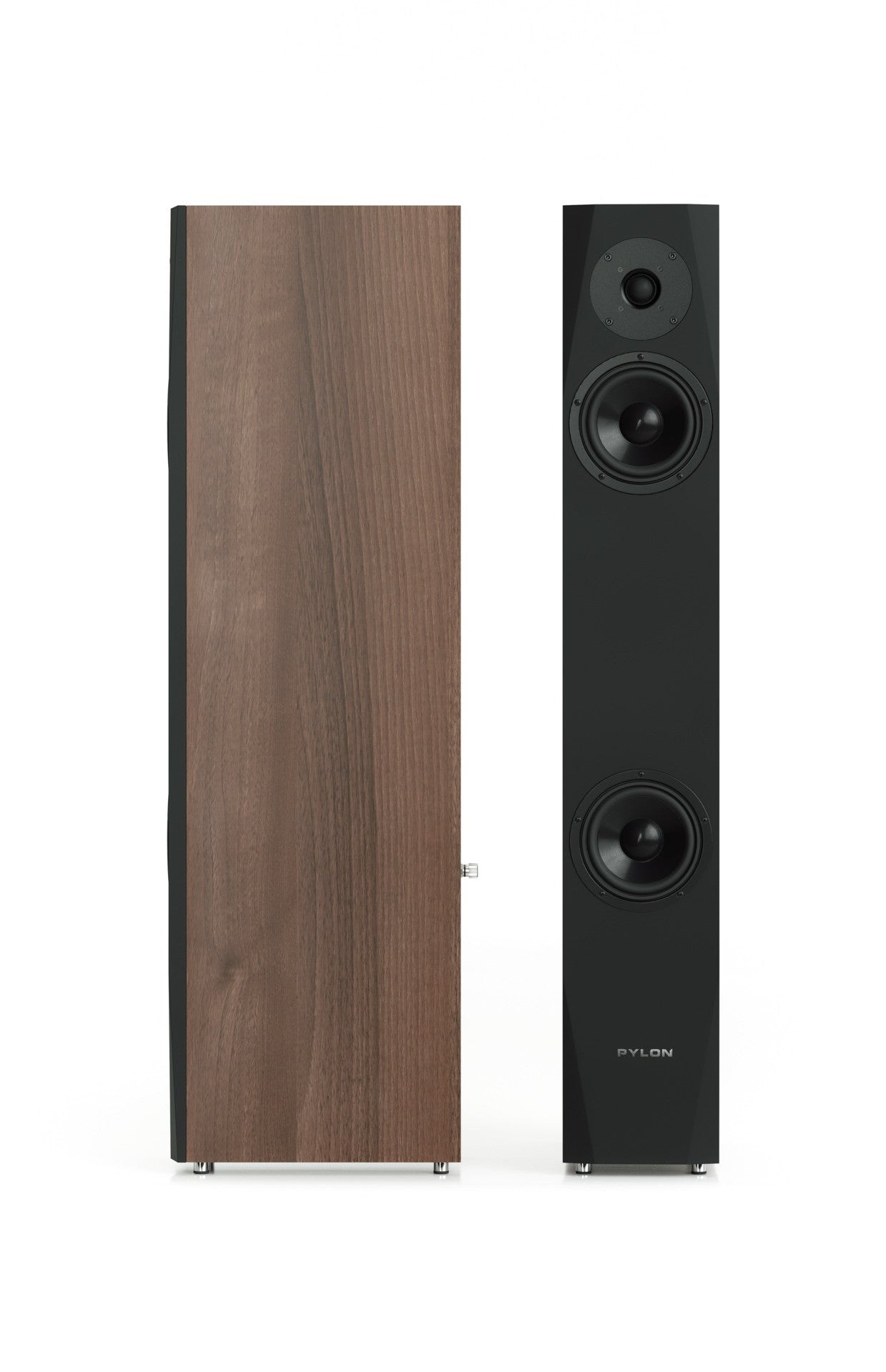 Walnut and black floor-standing speakers side by side, each with three drivers