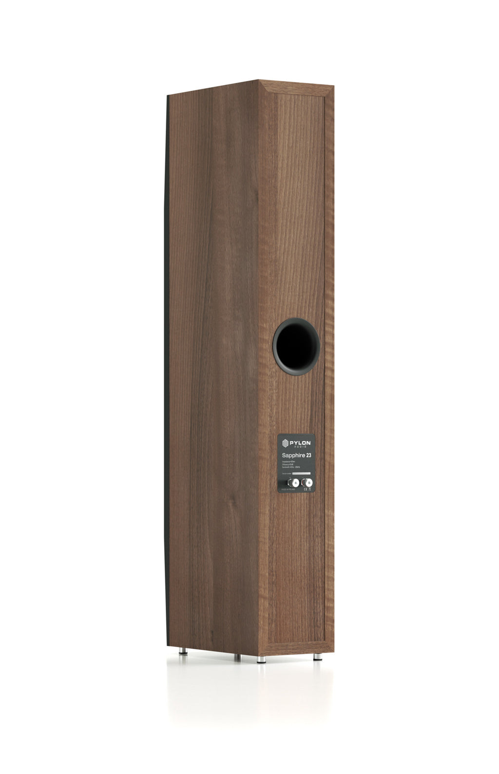 Walnut floor-standing speaker with circular side port and three drivers