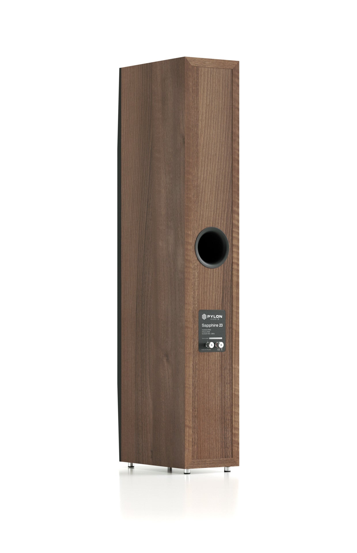 Walnut floor-standing speaker with circular side port and three drivers