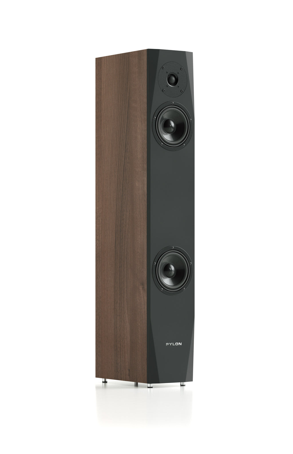 Walnut floor-standing speaker with black baffle and three driver array