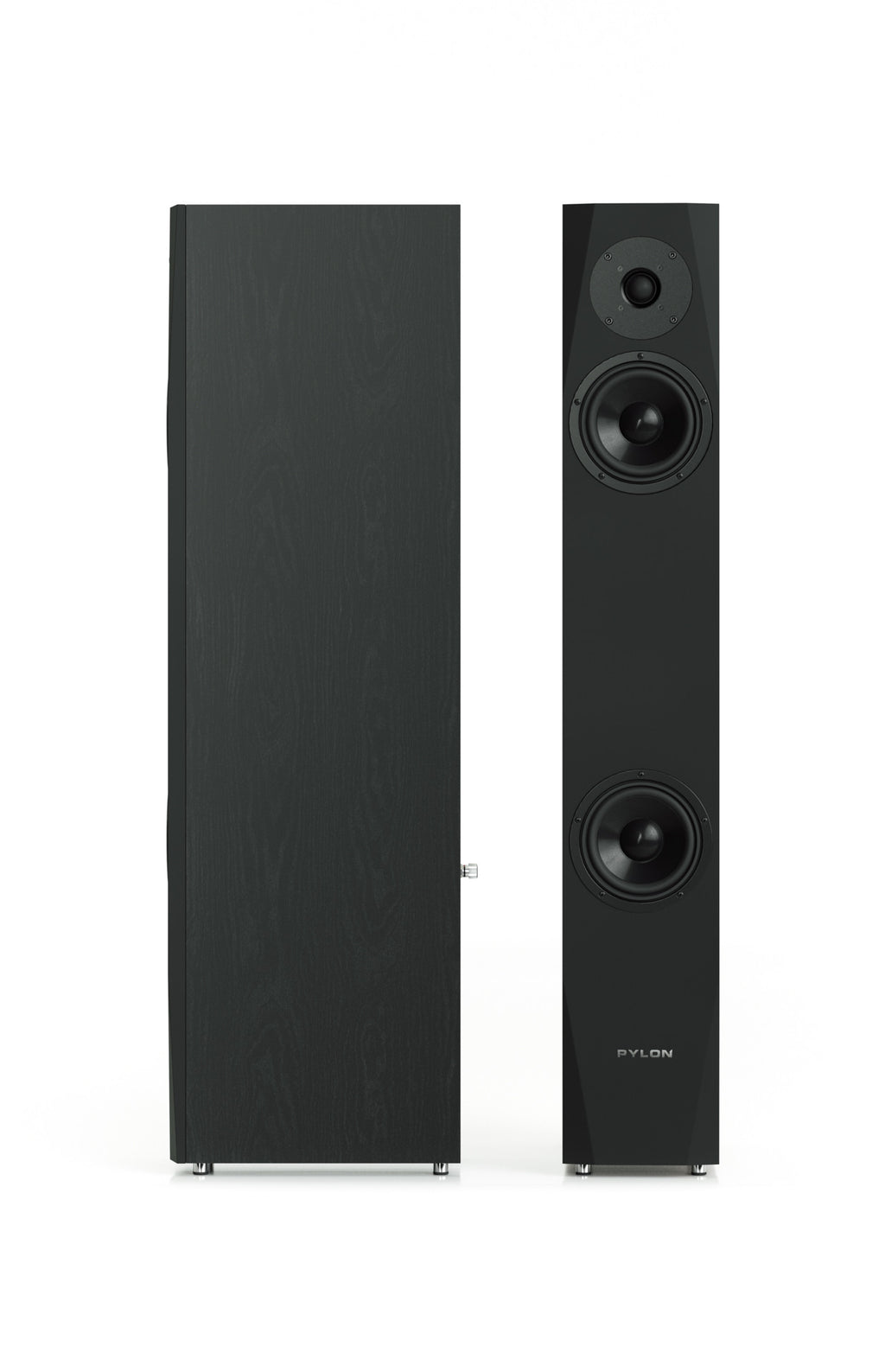 Dark floor-standing speakers pair with three drivers each and black baffles