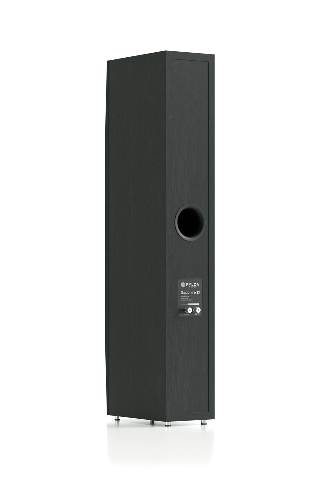 Dark floor-standing speaker with circular side port and three drivers