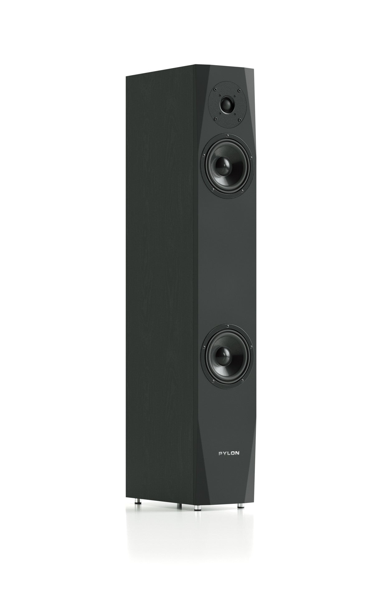 Dark floor-standing speaker with black baffle, two woofers and one tweeter