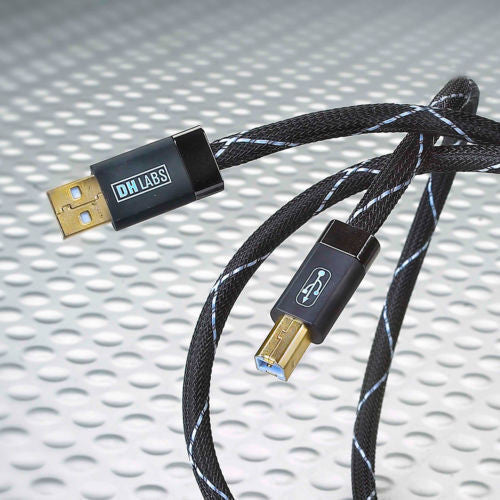 Black braided USB cable with gold USB-A connectors and DH LABS label