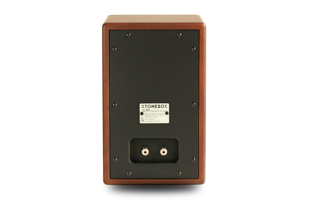 Wood portable speaker back panel with dual RCA inputs and side mounting screws