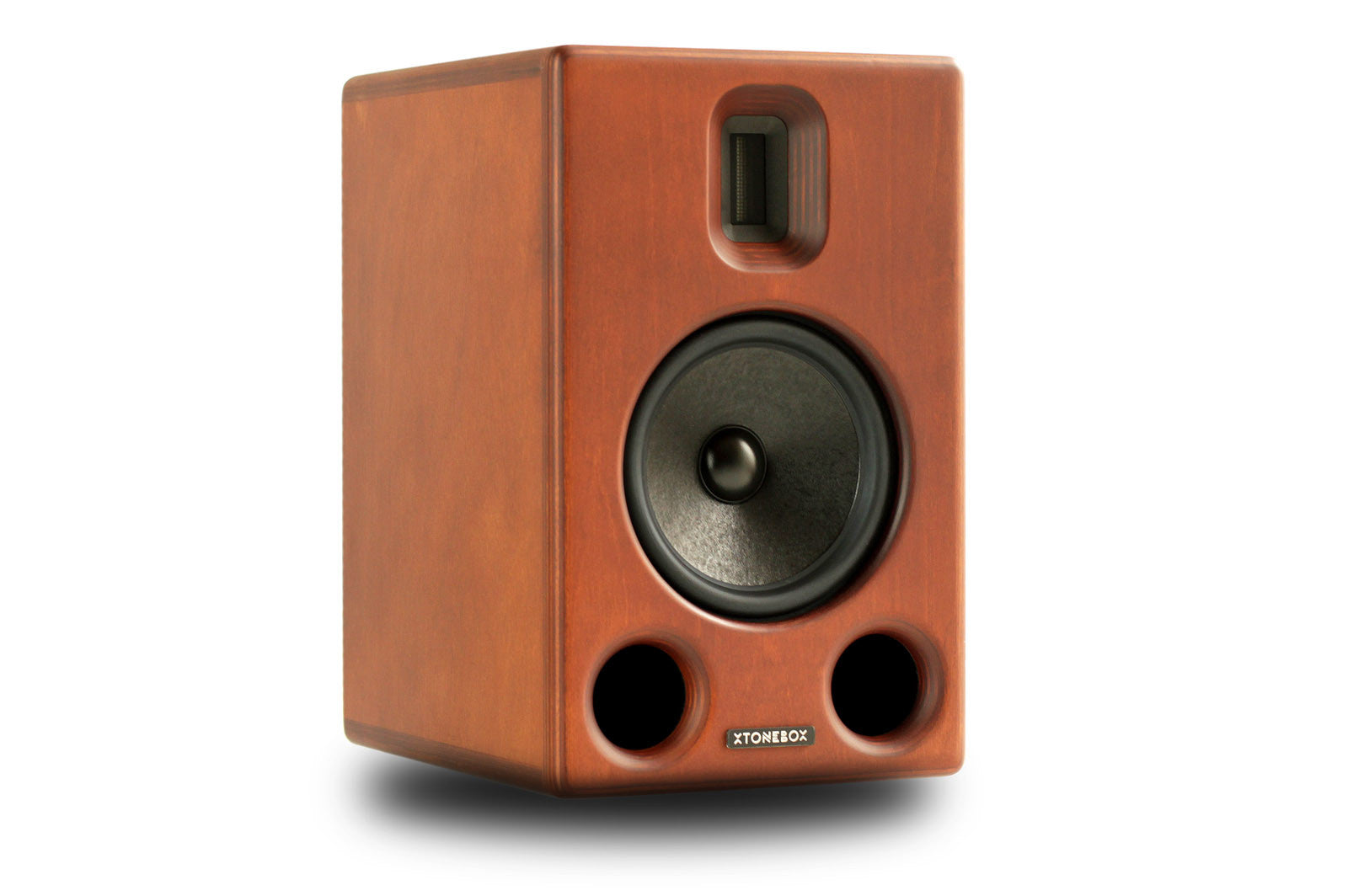 Wooden portable speaker angled view with black woofer and two lower side ports
