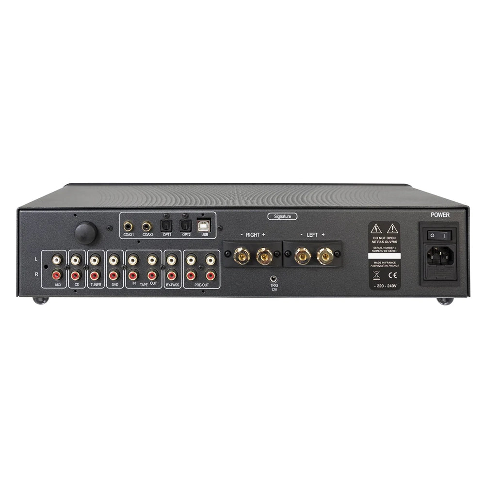 Rear panel view of a black Atoll audio amplifier or receiver, showing various input and output connectors, power switch, and labels on a white background.