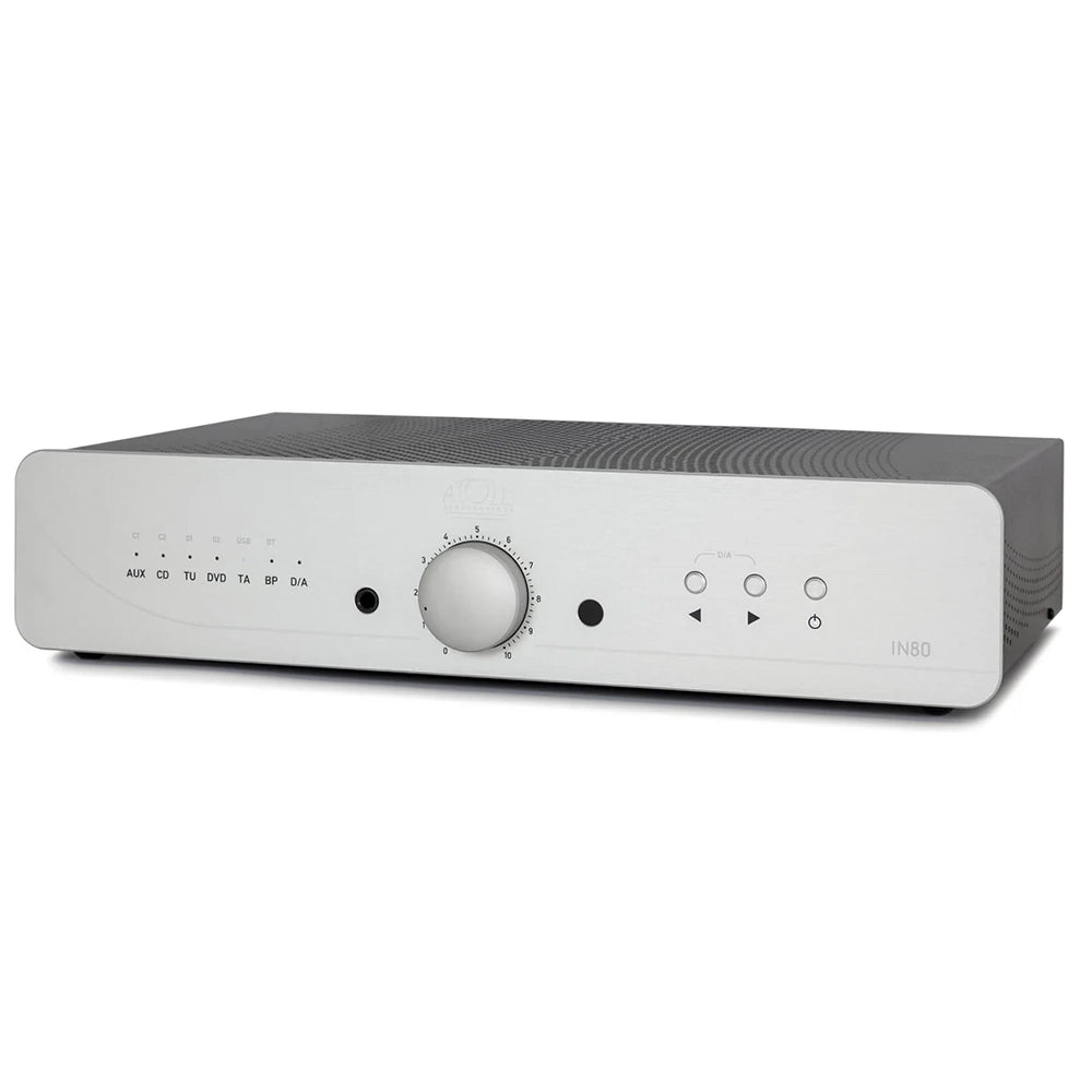 A silver and dark gray Atoll in80  stereo amplifier with a central rotary volume knob, indicator lights, and control buttons on the front panel, shown against a plain white background.