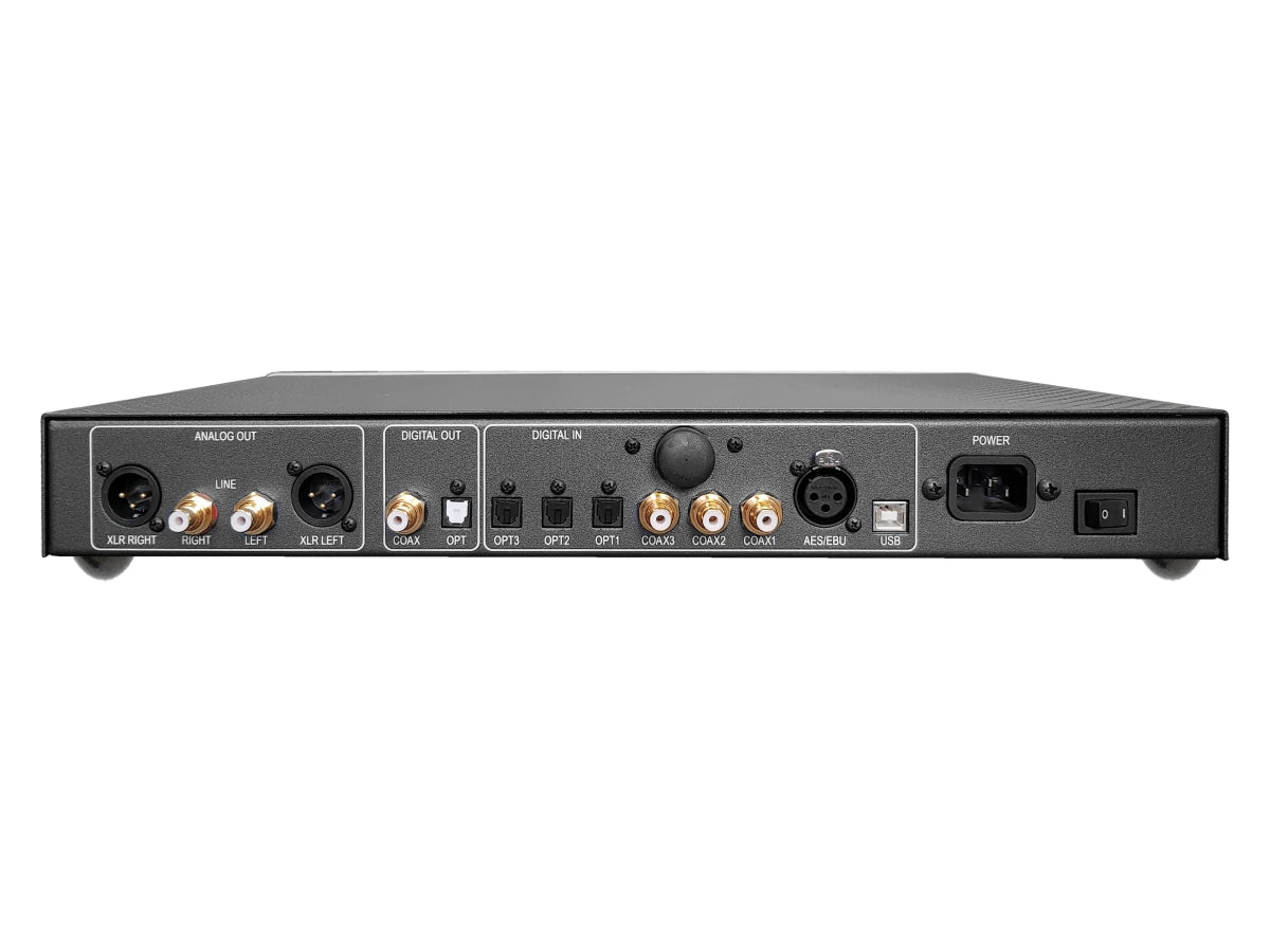 The rear panel of a black Atoll DAC300 , showing various input and output jacks including XLR, RCA, optical, and digital inputs, on a solid white background.
