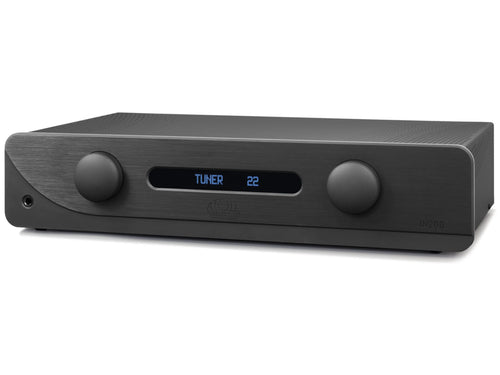 A black atill in200 evo audio amplifier with a brushed metal front panel, featuring two large circular knobs and a central digital display showing 'TUNER 22'.