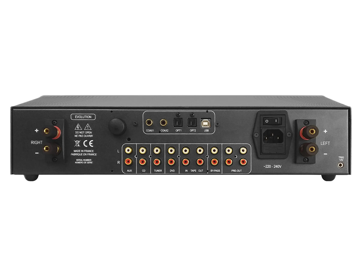 Rear panel of an  atollEvolution audio amplifier or receiver, featuring multiple red, white, and yellow RCA connectors, power input jacks, and control knobs on a black chassis.