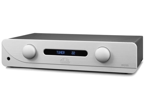 A silver and black atoll IN2000 audio receiver with two large white control knobs and a blue digital display showing 'TUNER 22'.