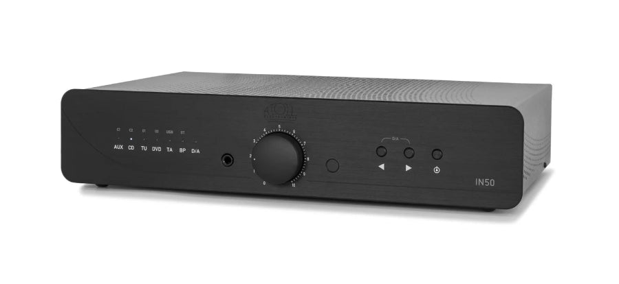 A black Atoll IN50 audio receiver or amplifier chassis shown from a front three-quarter angle on a white background.