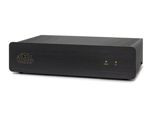 A black Atoll electronique electronic device with a brushed metal front panel, featuring a gold logo on the left and two small green indicator lights on the right, set against a plain white background.