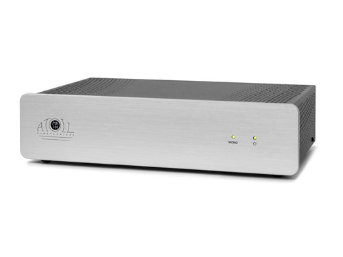 An Atoll Audio Systems mono amplifier in brushed silver aluminum with a textured dark gray top panel, shown on a clean white background.