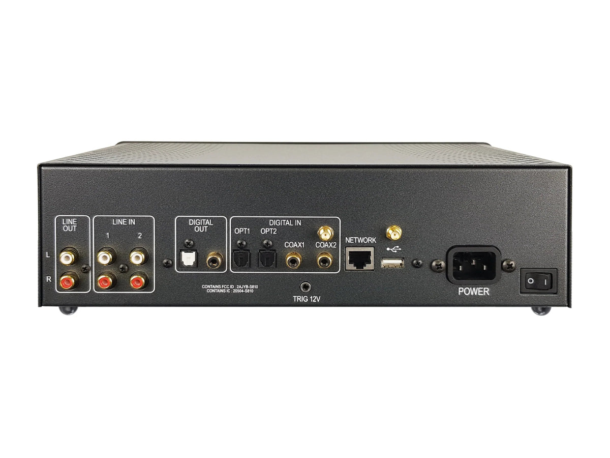 Rear panel of a black ATOLL MS120 audio receiver or amplifier with various input and output connectors including line out, line in, digital out, optical, coaxial, network, and power input, shown on a white background.