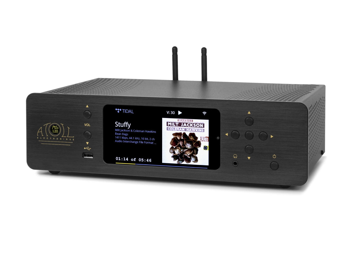 A black Atoll MS120 Design wireless receiver with two antennas, featuring a central display screen showing audio content and gold-tone branding on the front panel.
