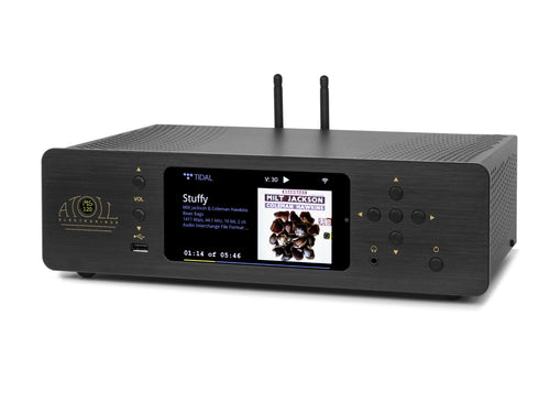 A black Atoll MS120 Design wireless receiver with two antennas, featuring a central display screen showing audio content and gold-tone branding on the front panel.