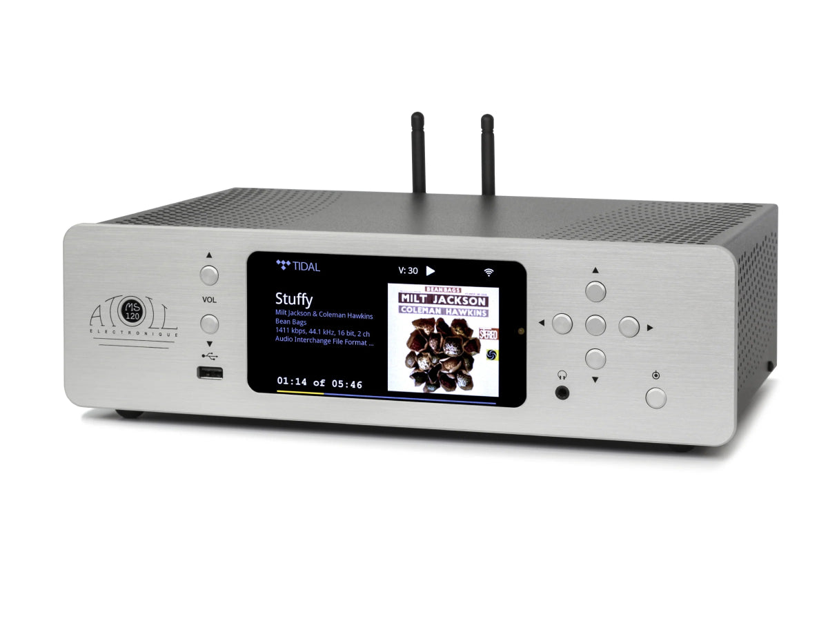 Silver ATOLL MS120 audio receiver with display screen on a white background