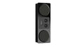 Black center channel loudspeaker with dual round drivers and control panel on front