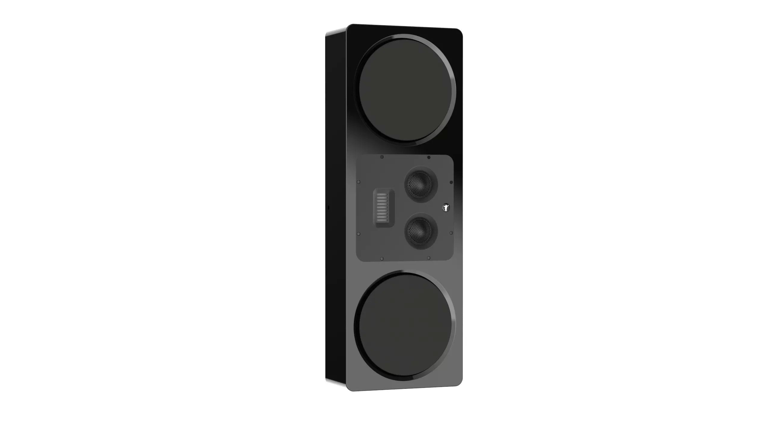 Black center channel loudspeaker with dual round drivers and control panel on front