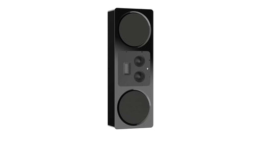 Black center channel loudspeaker with dual round drivers and control panel on front