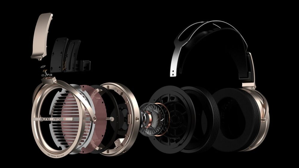 Disassembled  aune ar5000MKII headphones on a black background
